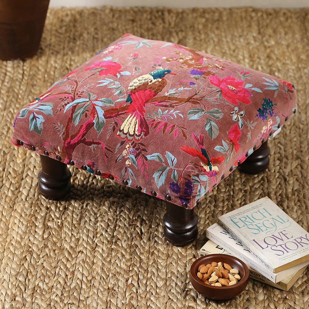 Wooden Stool With Printed Cotton Velvet Top