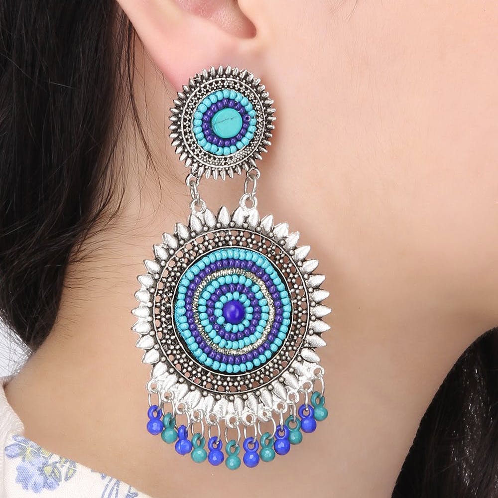 Blue Hue Beaded Floral Drop Earrings