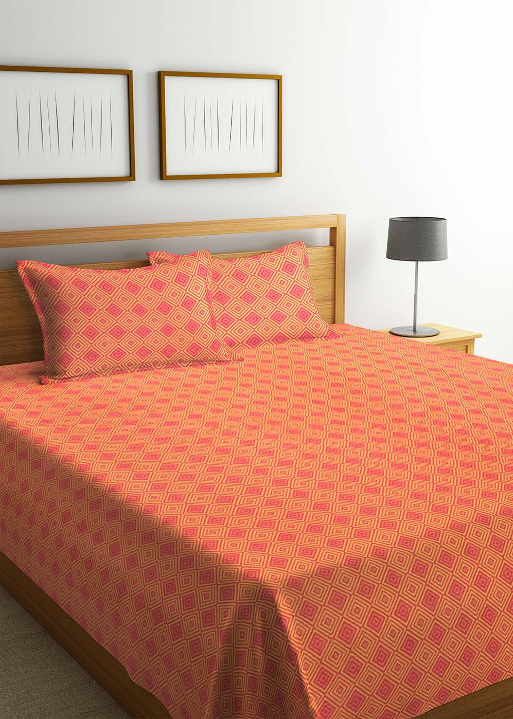 Geometric Woven Orange Double Bed Cover with 2 Pillow Covers