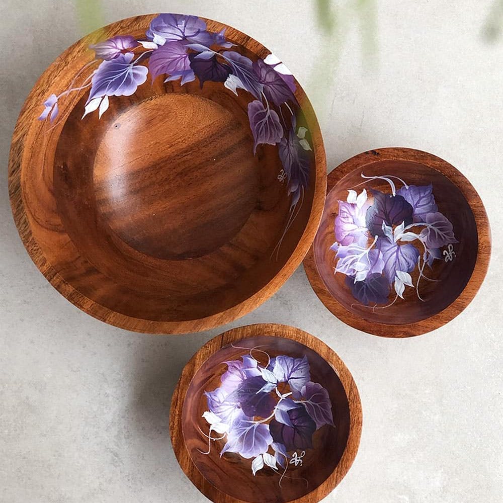 Purple Ivy Hand Painted Acacia Wood Bowl