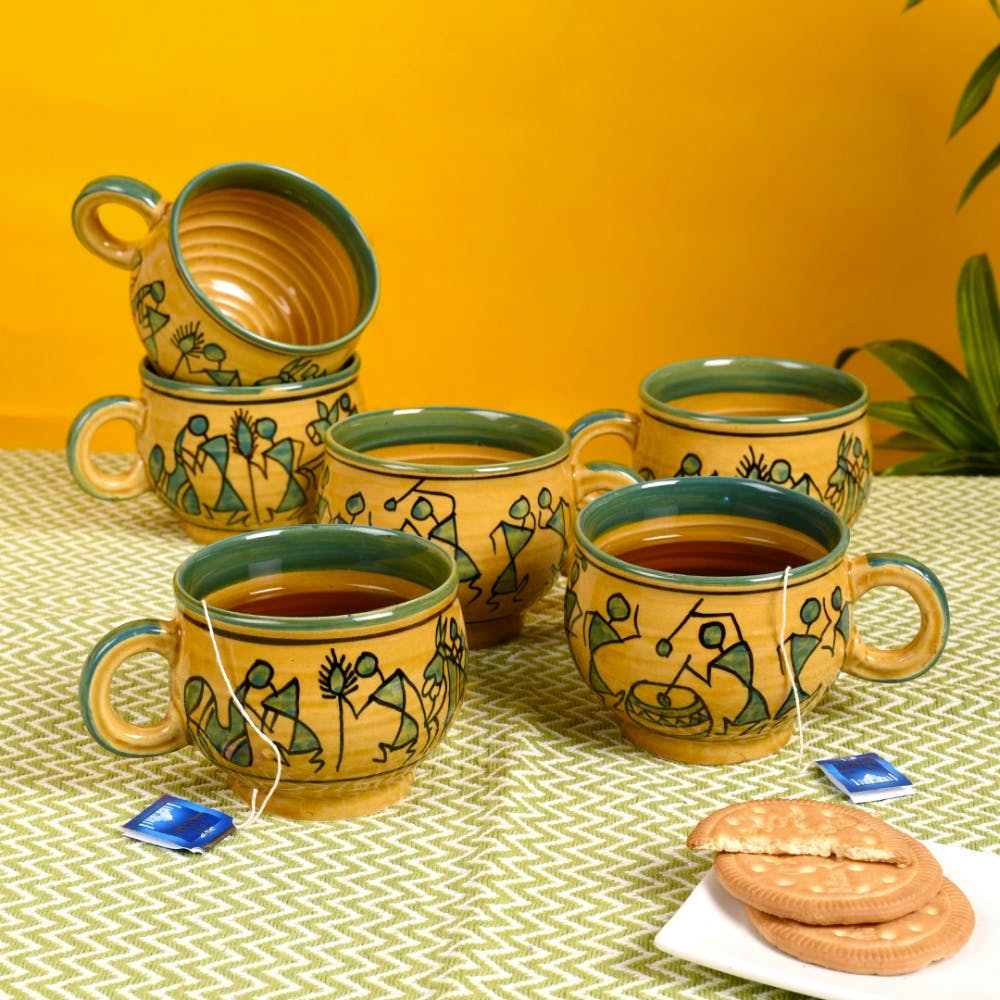 Warli Yellow Ceramic Tea Cups - Set of 6