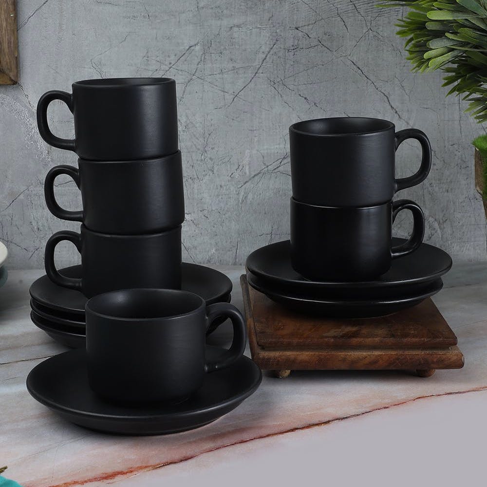 Microwave Safe Ceramic Tea Cups Set With Saucers 150Ml (Set Of 6)