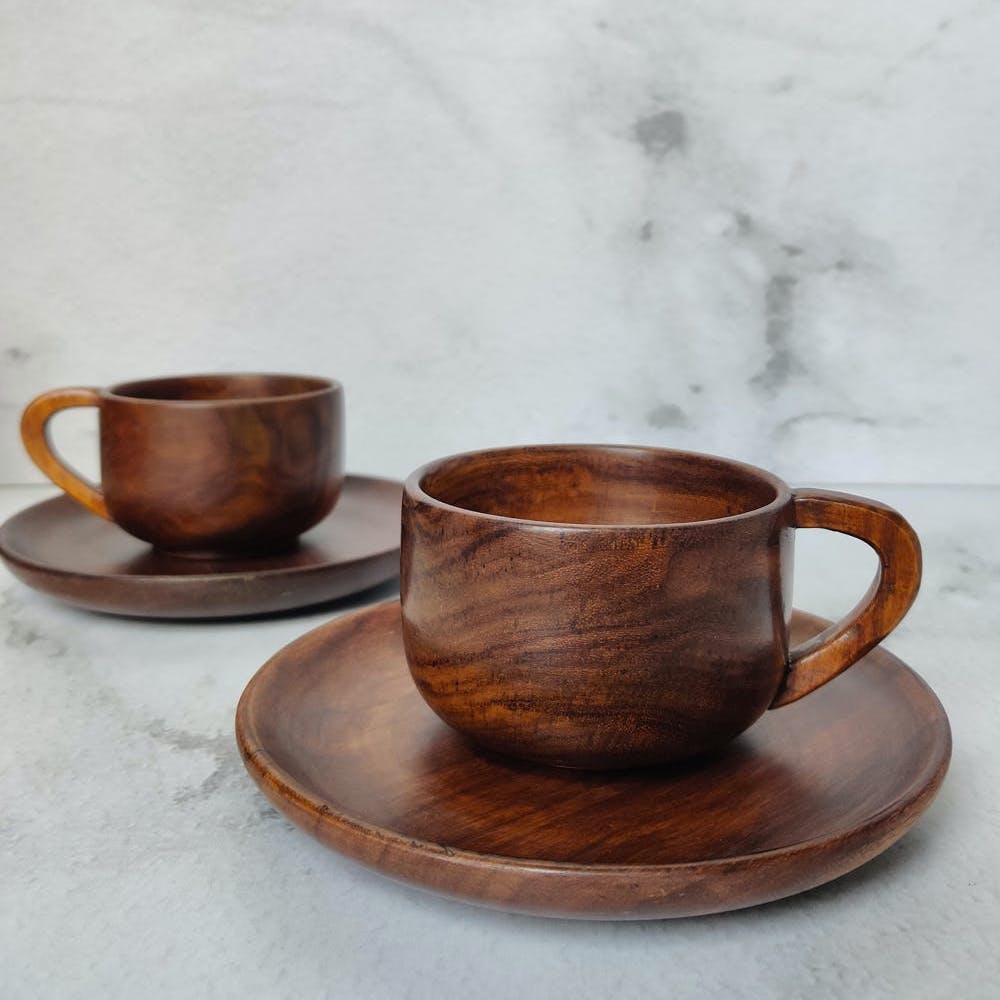 Wooden Cup and Saucer - Set of 2