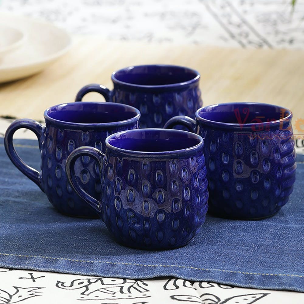 Hand Painted Blue Shaded Ceramic Tea/ Coffee Mugs Set of Four