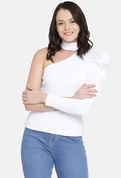 Women Classic Solid One Shoulder Puffed Sleeve Top