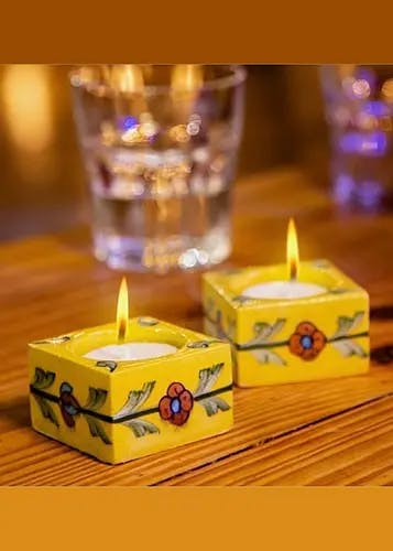 Yellow Floral Tea Light Holder - Set of 2