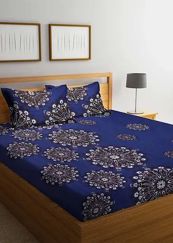 Contrast Floral Blue Cotton Blend Bedsheet Set
