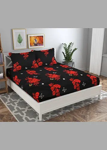 Red Floral Printed Black Bedsheet (90x100 inches)