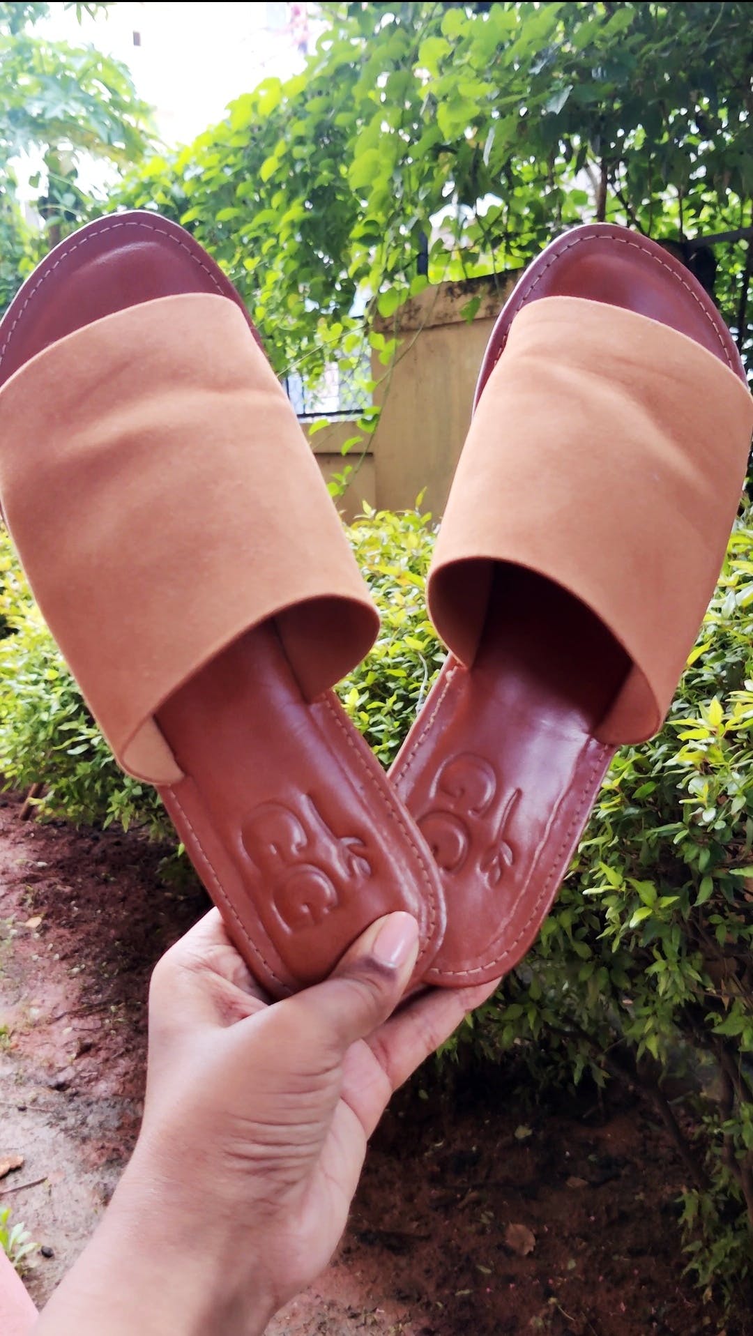 Tan slides leather hot sale