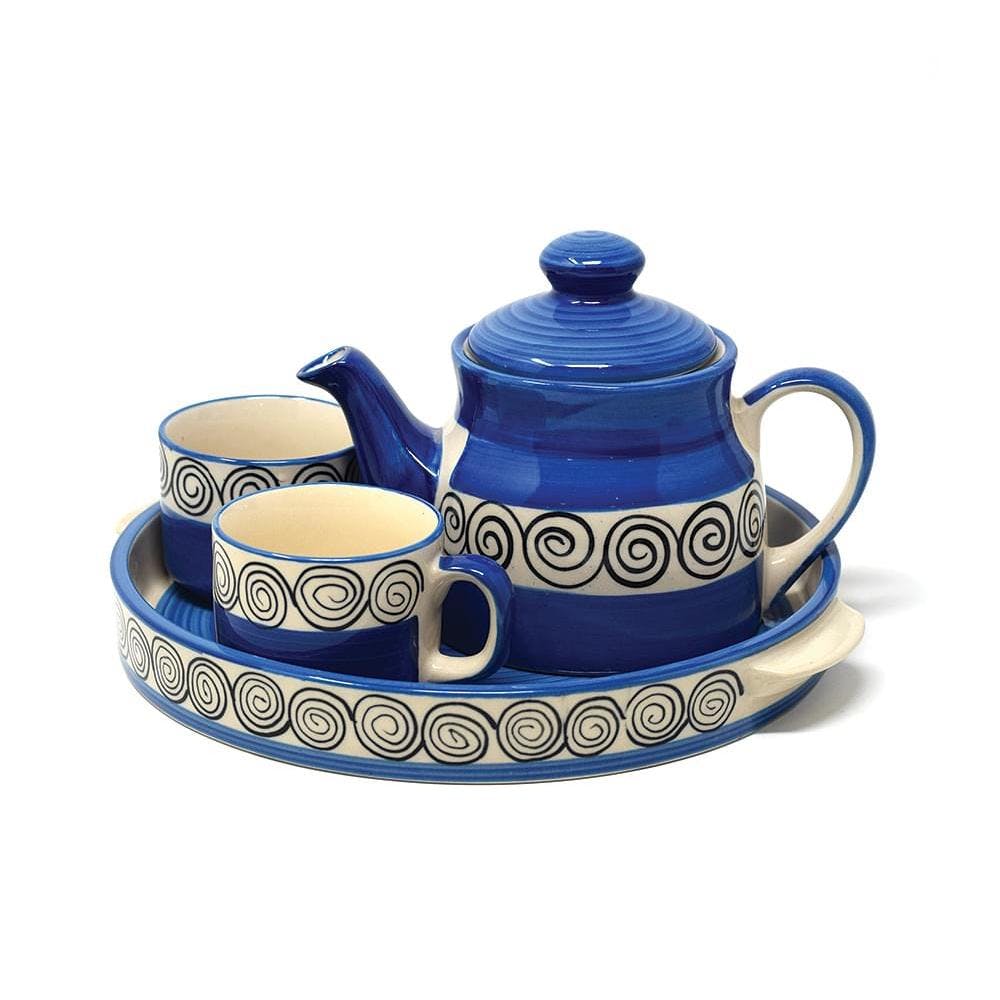 Blue Swirl Hand painted Morning Tea Set 2 Cups | 2 Cups | 1 Kettle | 1 Tray