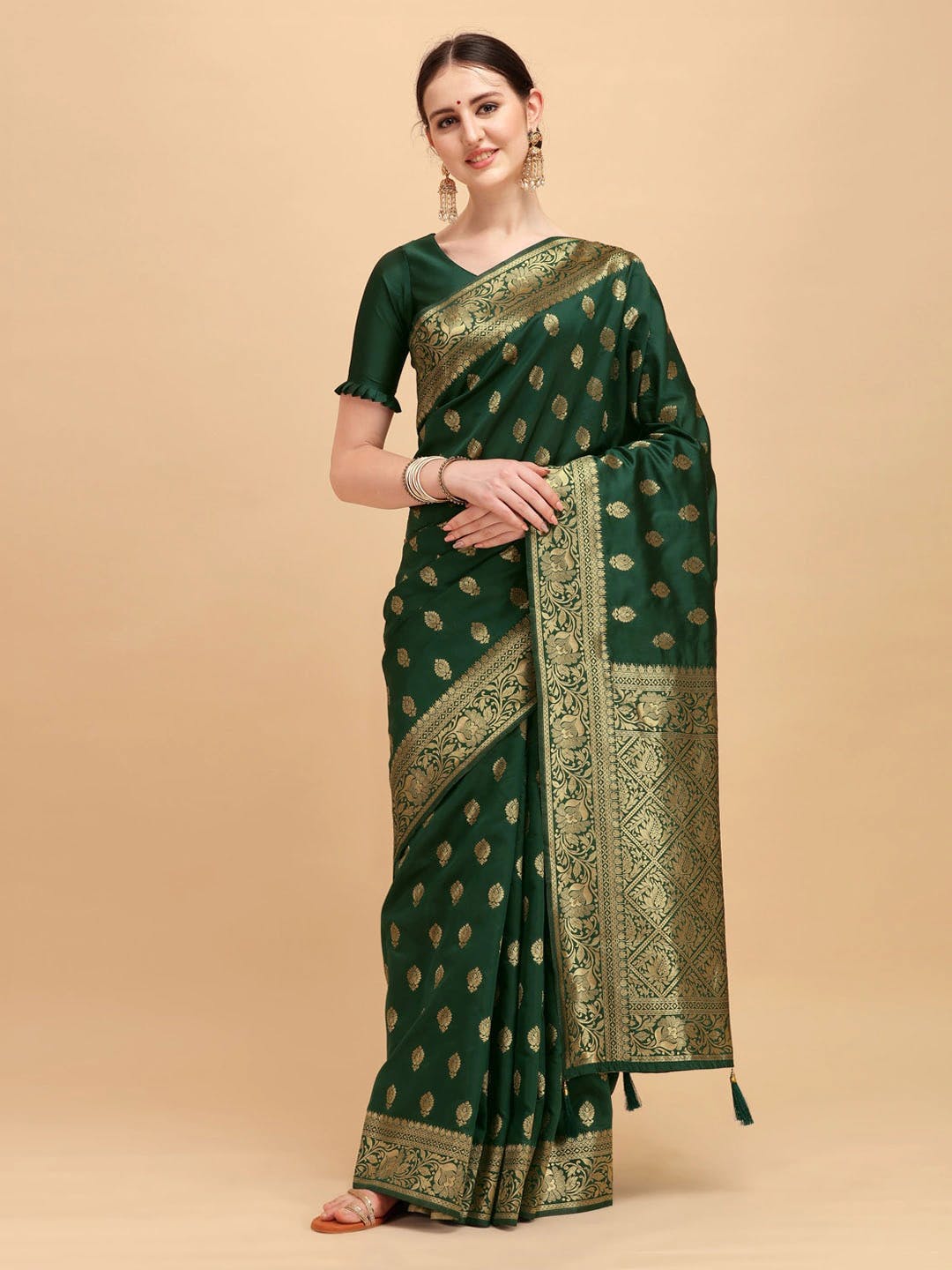 Green & Golden Ethnic Motifs Zari Silk Blend Saree