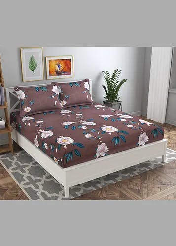 Contrast Floral Printed Brown Fitted Bedsheet