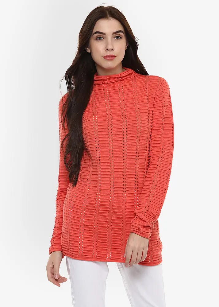 Women Ribbed Cowl Neck Red Top