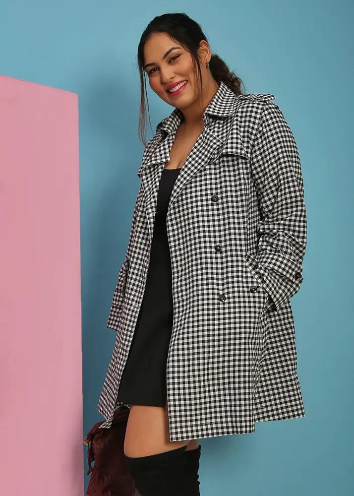 Women Two-Tone Handloom Checkered Long Trench Coat