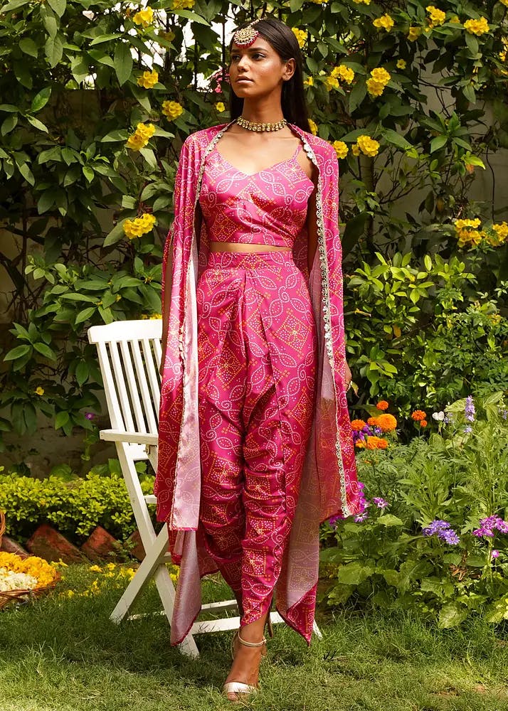 Women Bandhani Pattern Pink Overlay/Shrug