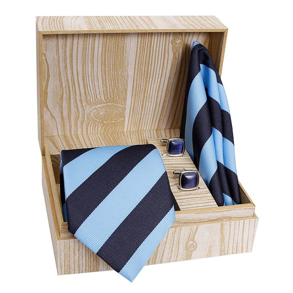 Contrast Stripes Tie, Cuff Links & Pocket Square Set