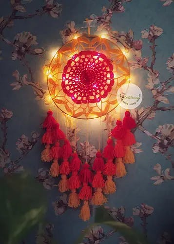 Handcrafted Yellow - Orange - Red Crochet Dreamcatcher With Fairy Lights