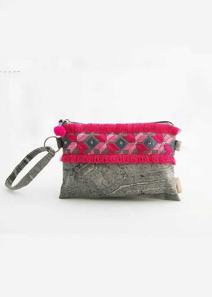 Hand Crafted Phulkari Wristlet In Grey Color