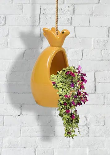 Bird and Nest Hanging Planter with Jute Rope in Yellow