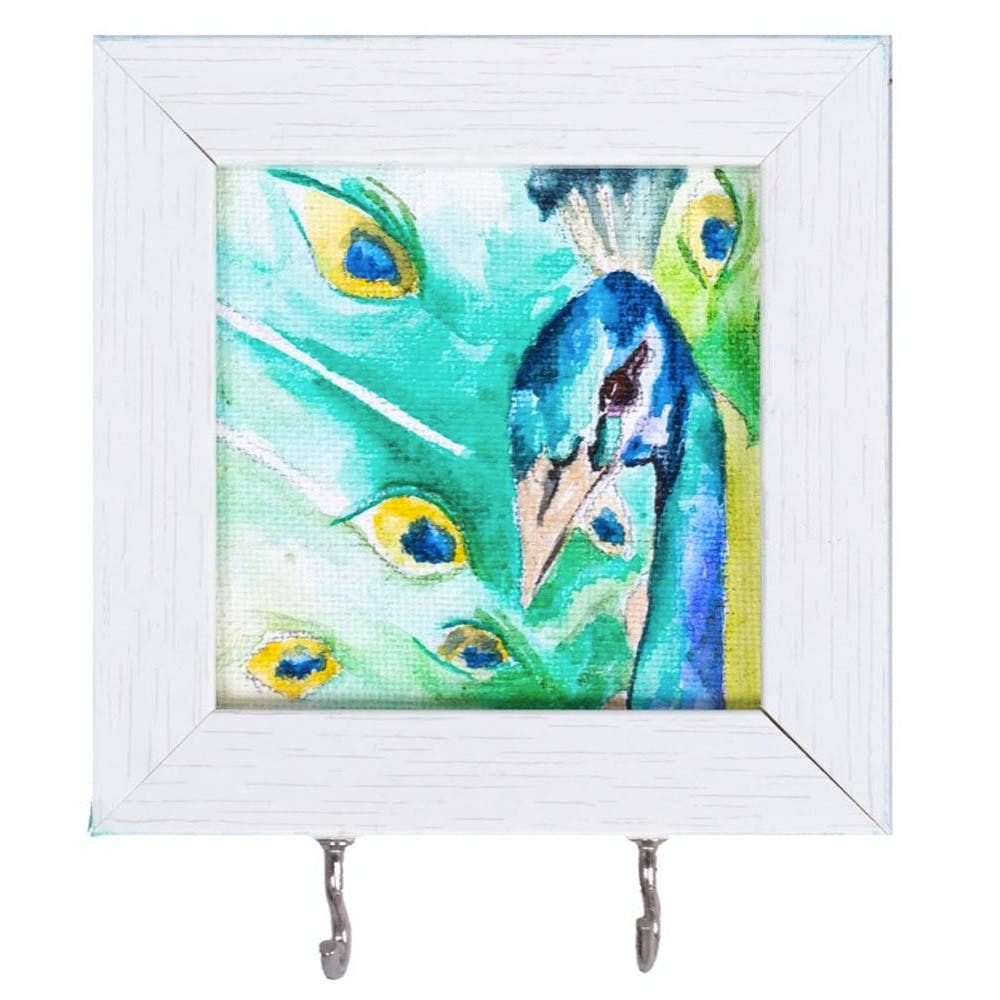 Peacock Key Holder Frames With Artwork and Crochet Motifs