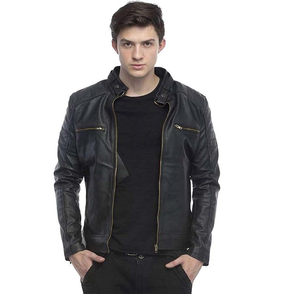 Leather Retail Mens Solid Designer Faux Leather Jacket Black