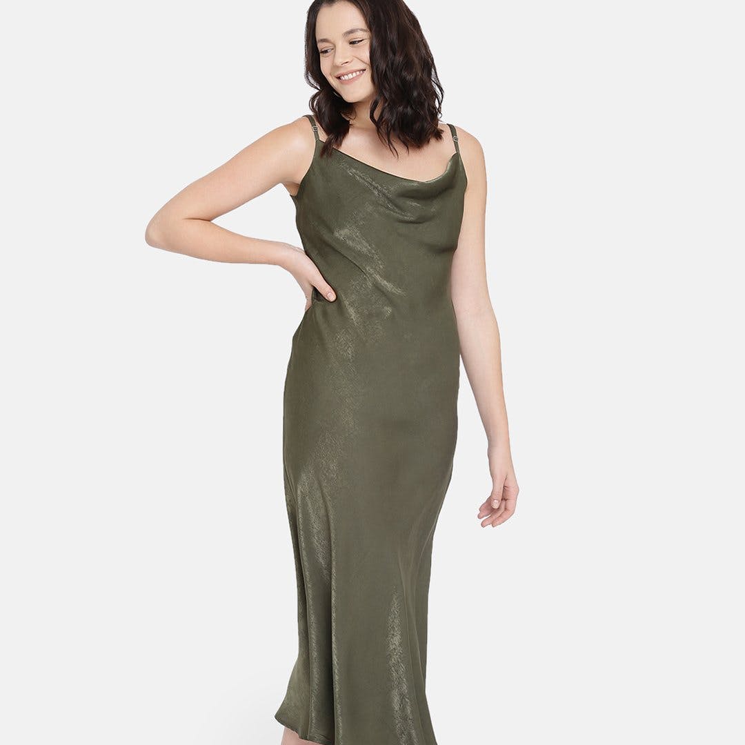 Women Self Design Solid Cowl Neck Strappy Dress