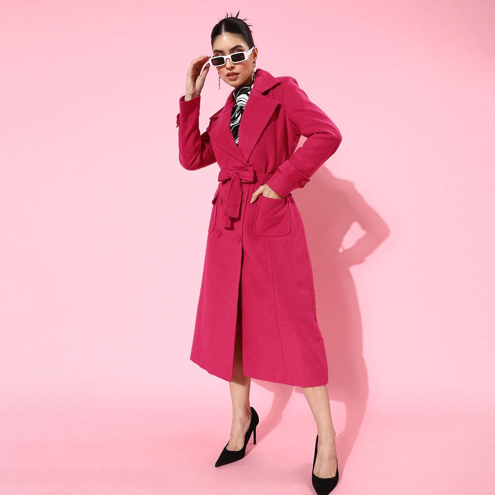 Women Pink Double Breasted Longline Trench Coat