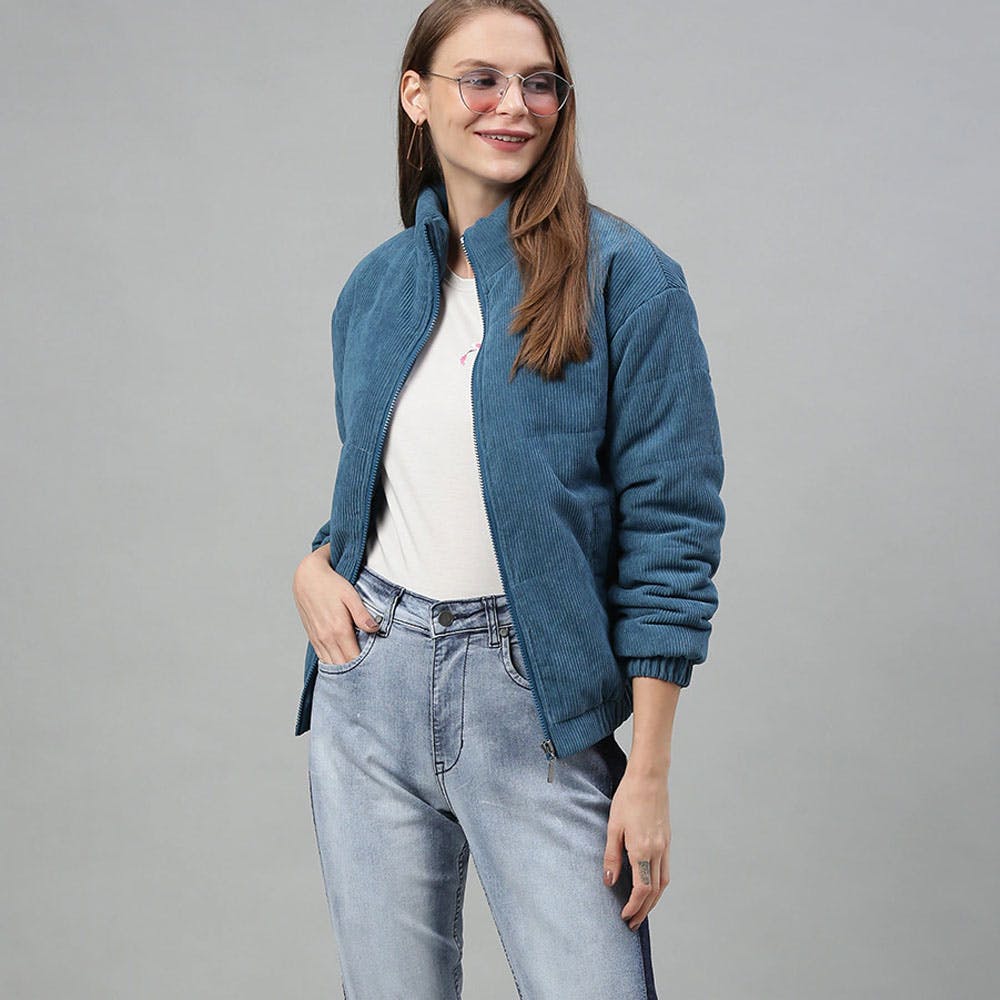 Women Blue Solid Open Front Jacket