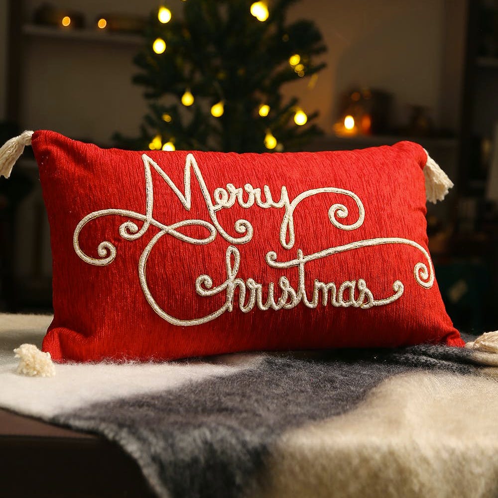 Red Cushion Cover With Merry Christmas Embroidery