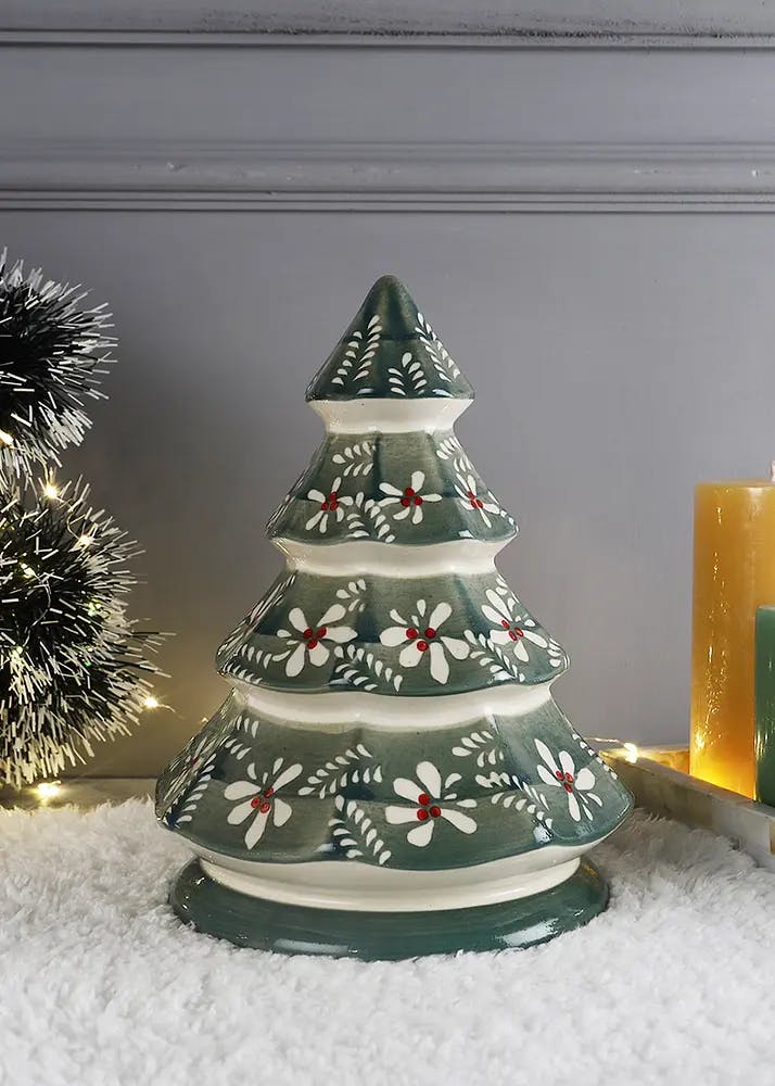 Hand-made White Flowers Green Ceramic Christmas Tree Decorative