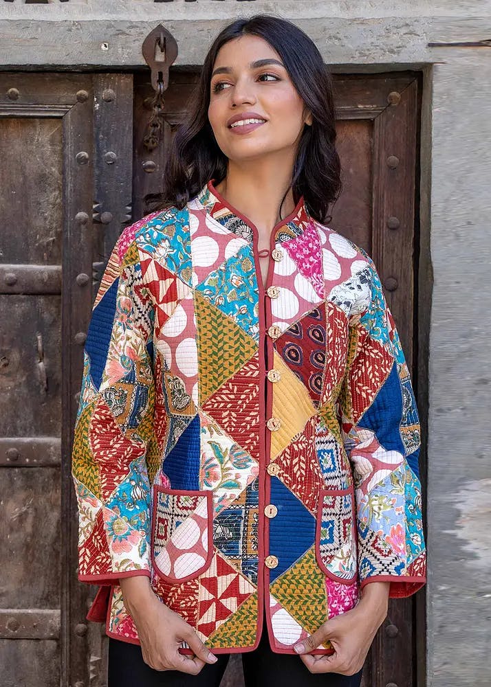 Women Multicolor Patchwork Block Printed Quilted Jacket