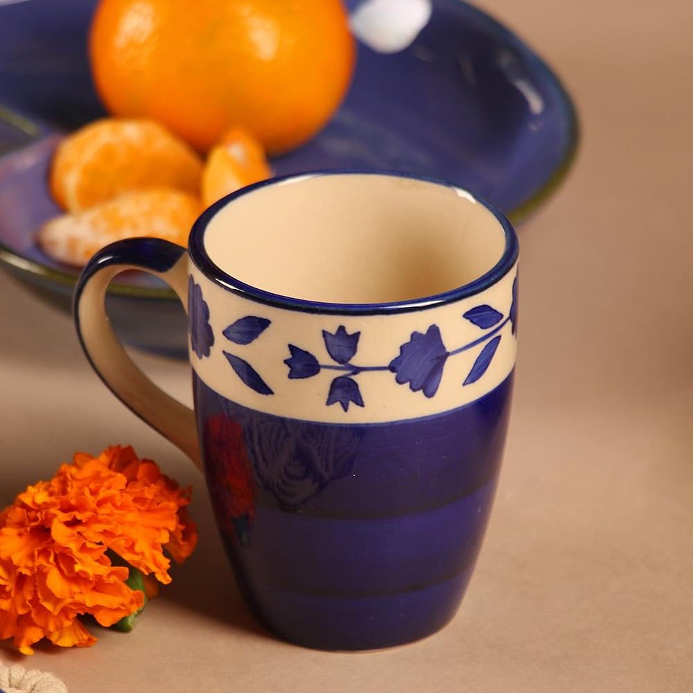 Flower Print Ceramic Tea Coffee Mug - Blue - Set Of 2