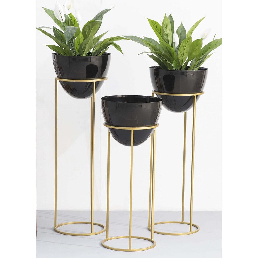 Ovate Shiny Black & Gold Tall Planters - Set of 3