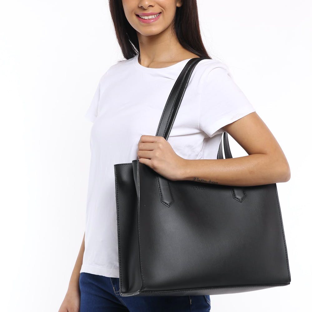 Basic Solid Everyday Zipped Tote-Black
