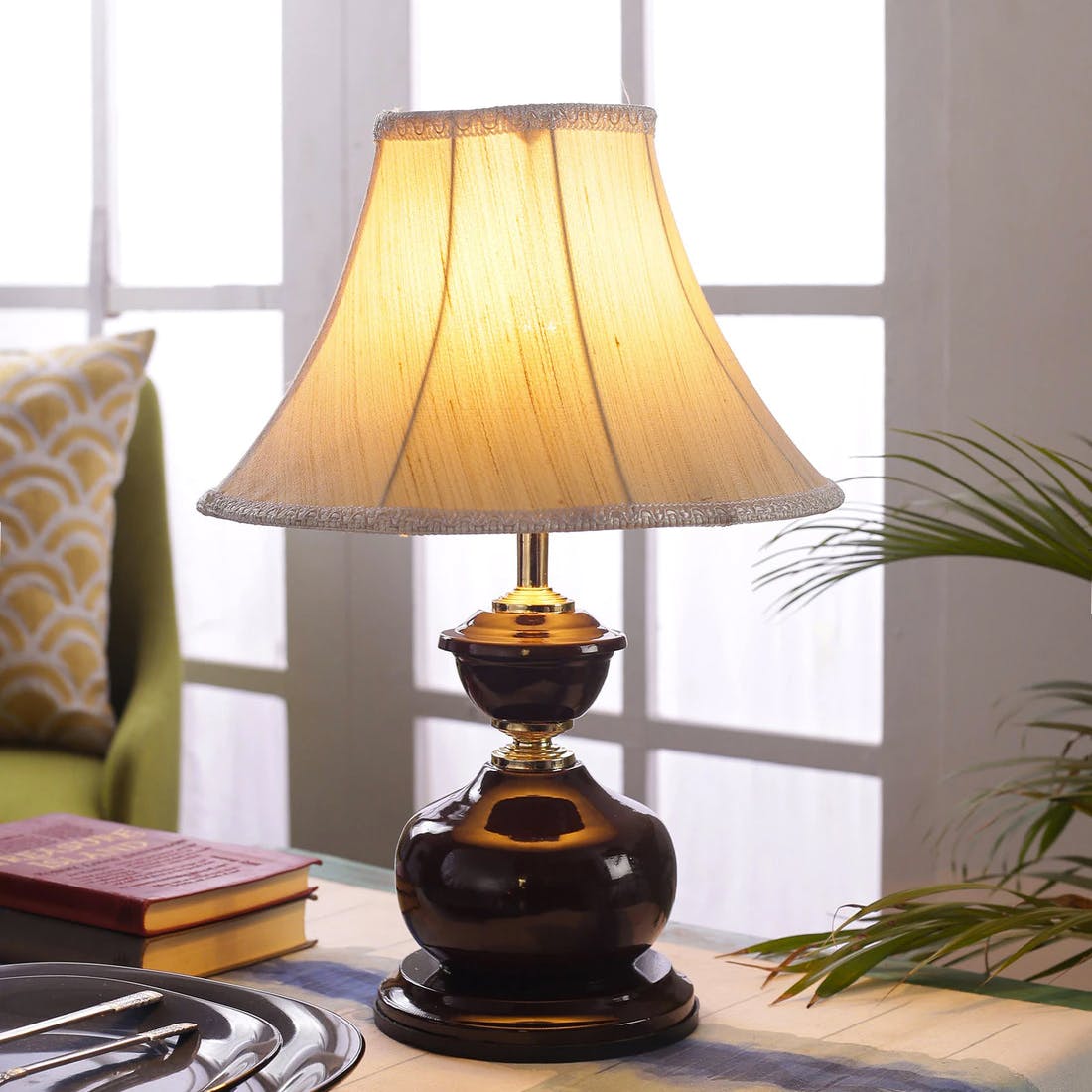 Beige Fabric Shade Table Lamp with Black Base