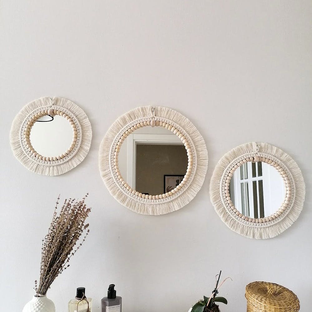 Handmade Knitted Decorative Wall Mirror - Off White - Set of 3