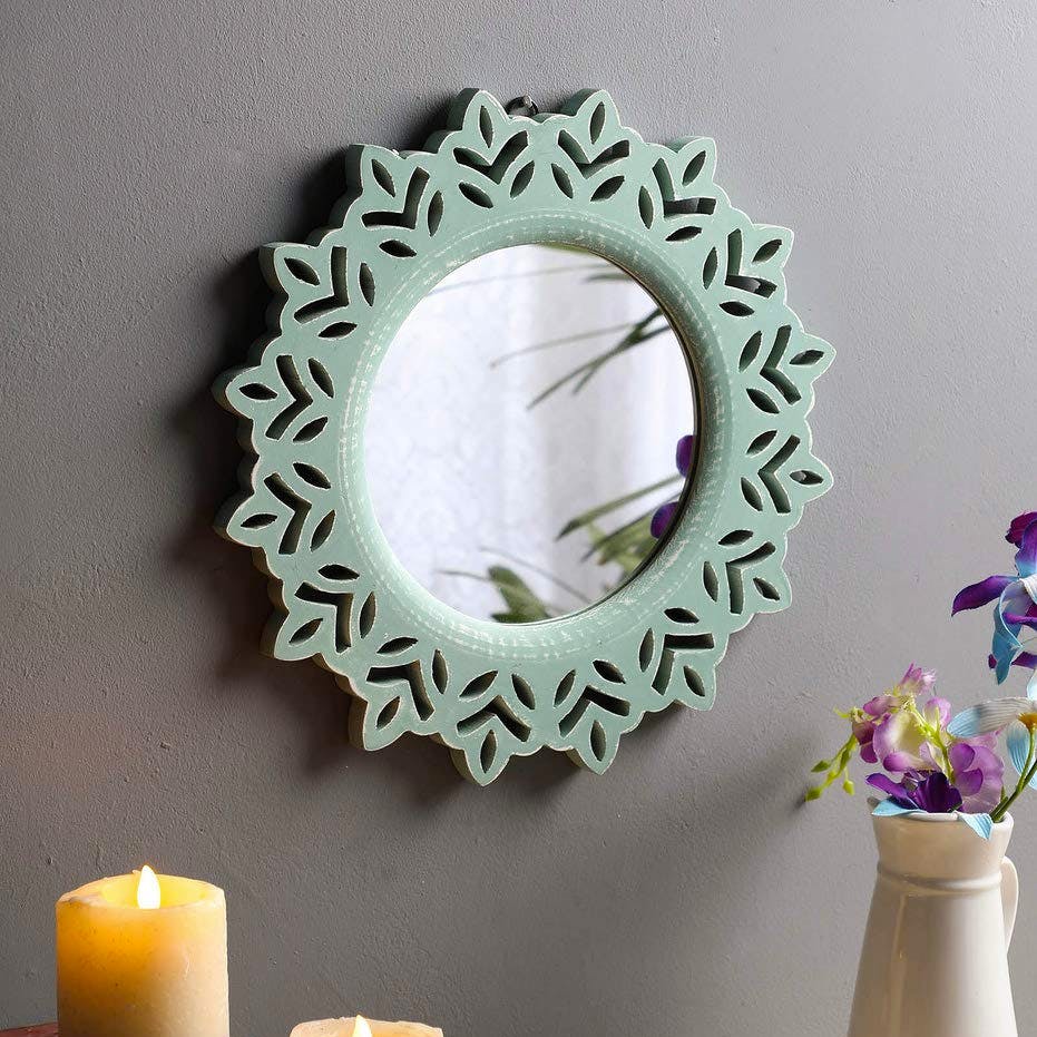 Wood Hand Crafted Round Shape Vanity Wall Mirror