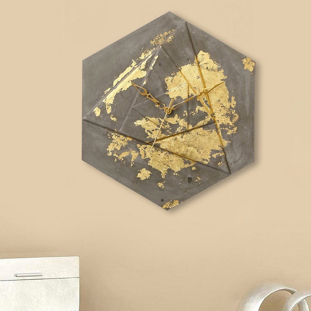 Hexagonal Designer Wall Clock (Grey-Gold)