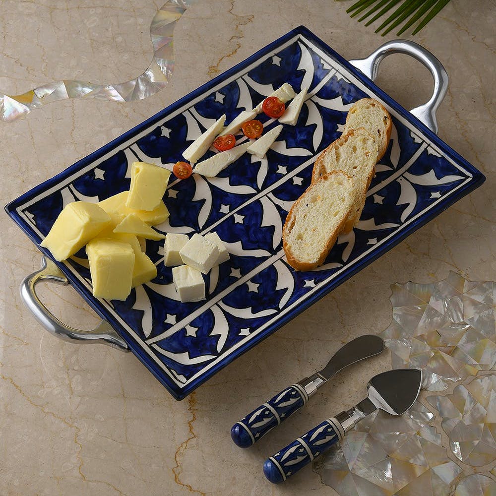 Ceramic Handcrafted Platter with Silver Finish Handles
