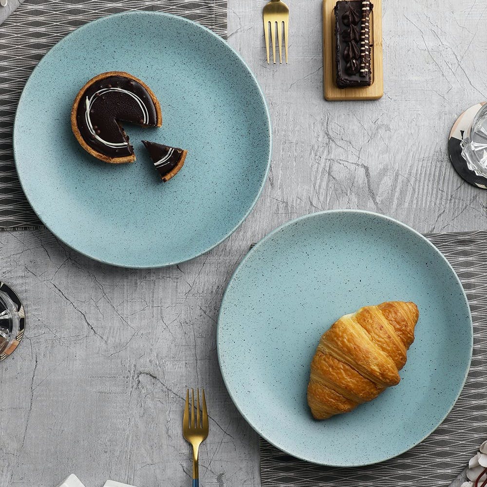 Blue Hand Glazed Studio Pottery Ceramic Plates For Dinner (10 Inch, Set of 2, Microwave Safe)