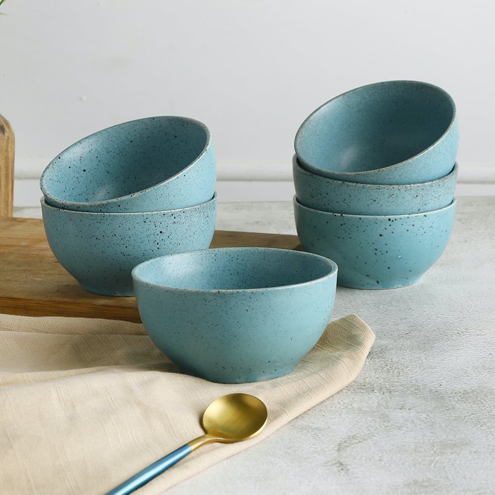 Turquoise Blue Hand Glazed Studio Pottery Ceramic Bowl Dining Bowl & Ceramic Katori (Set Of 6, Microwave Safe, Dishwasher Safe)