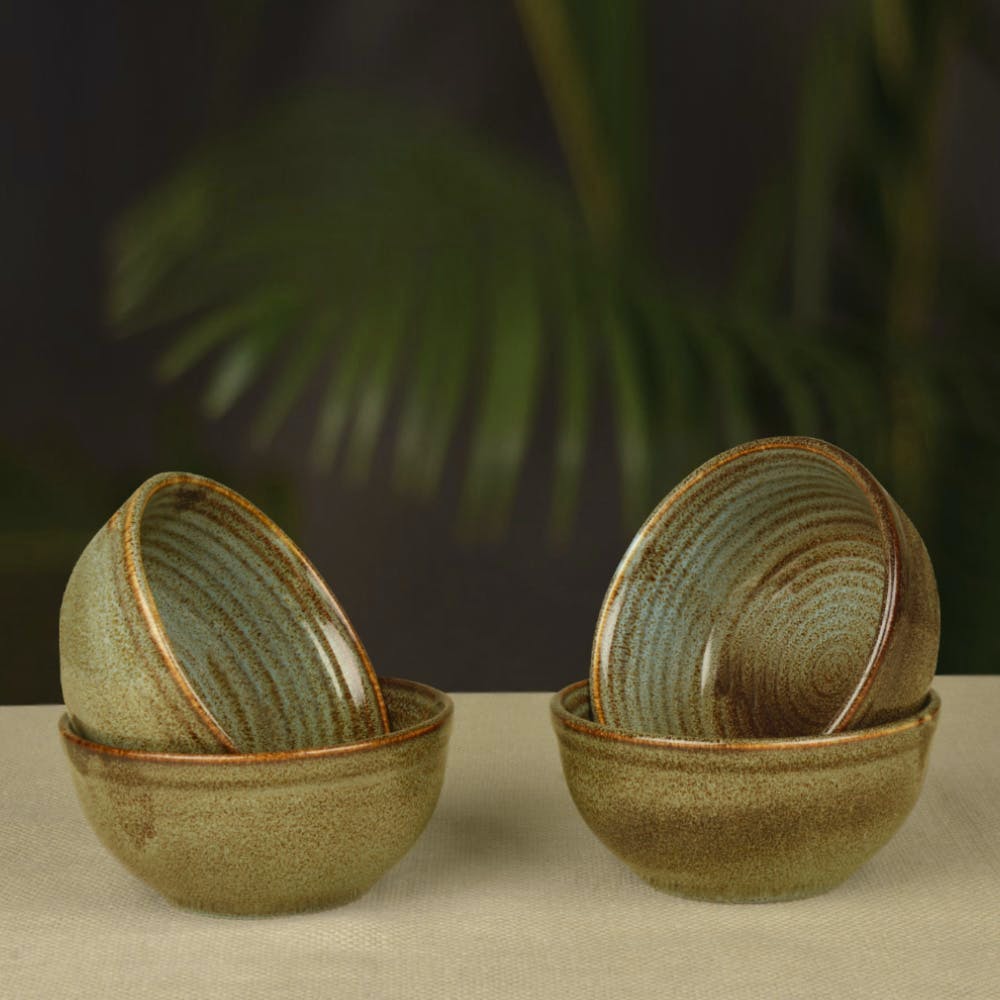 Studio Pottery Ribbed Ceramic Dinner Serving Bowls- Set of 4