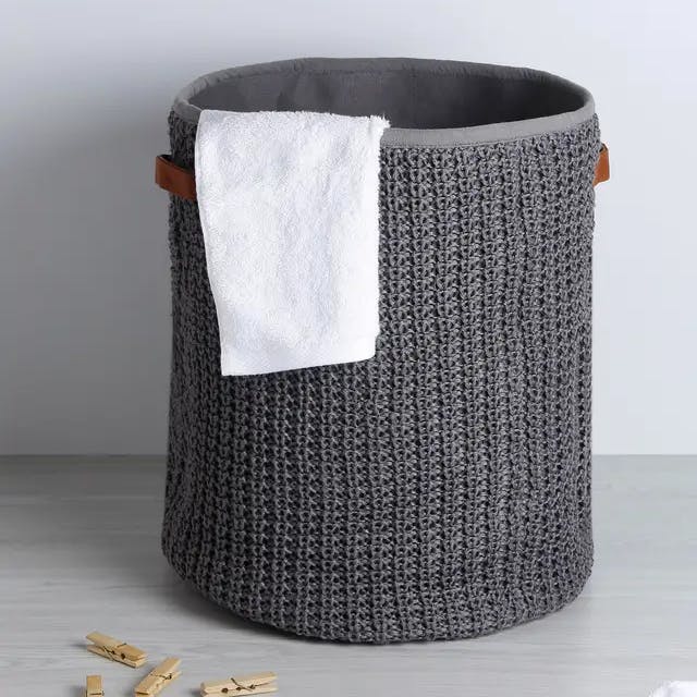Solid Polyester Chunky Grey Knit Laundry Basket