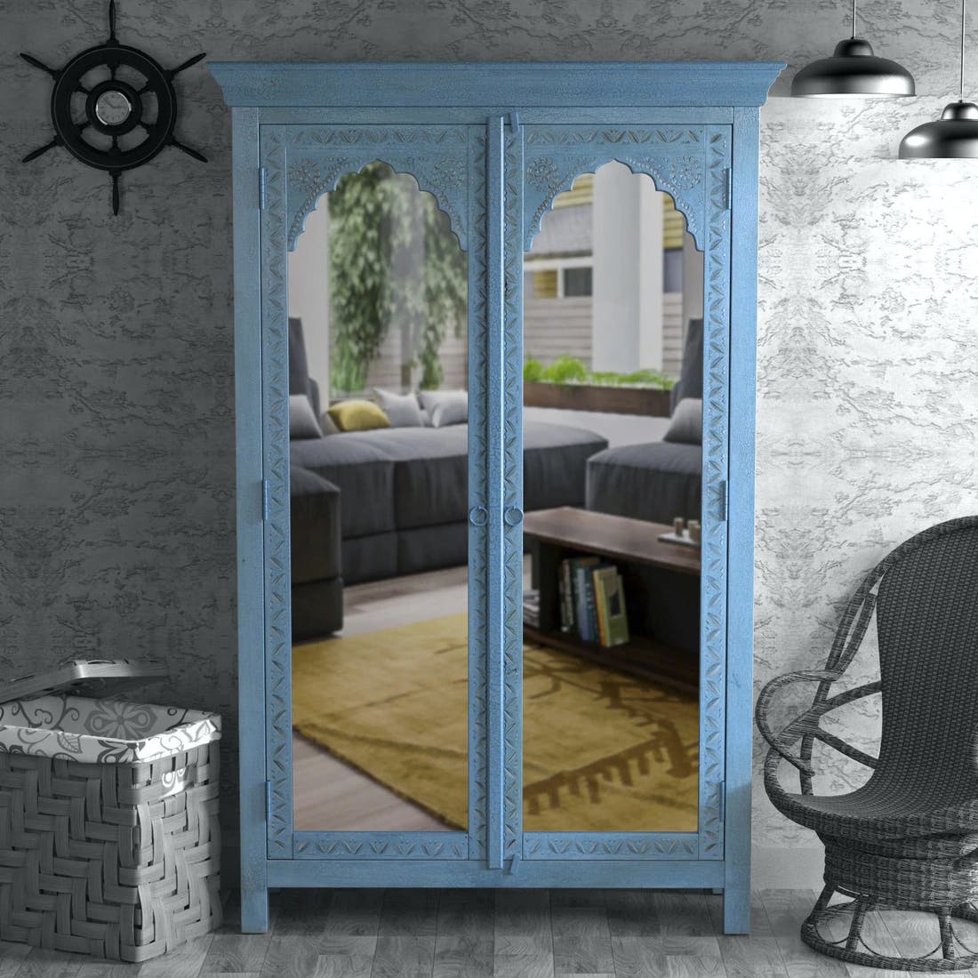 Yardbirds Solid Wood 2 Door Wardrobe In Distress Blue Colour