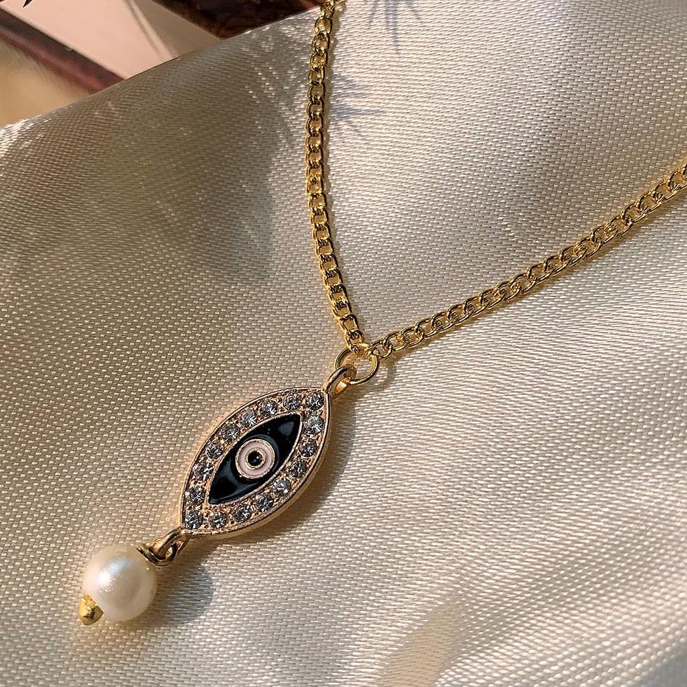 Gold Plated Black Evil Eye Pendant With Chain And Zircon Stones And Pearl Drop