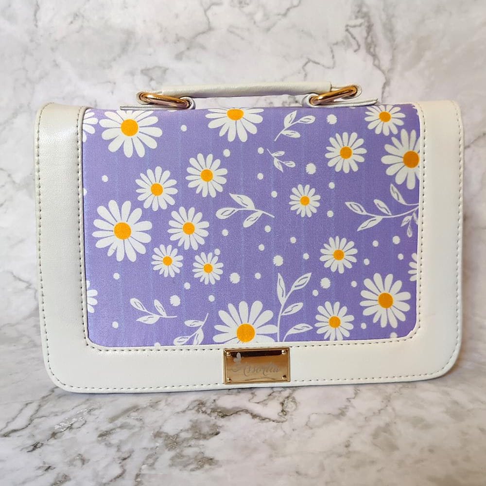 White Daisy Purple Floral Print Handcrafted Vegan Sling Bag