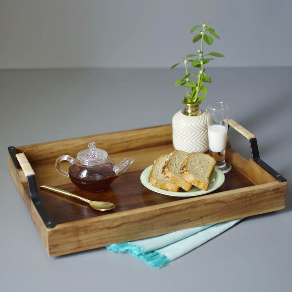 Brown Sheesham Wood Serving Tray With Iron Black With Cane Handles