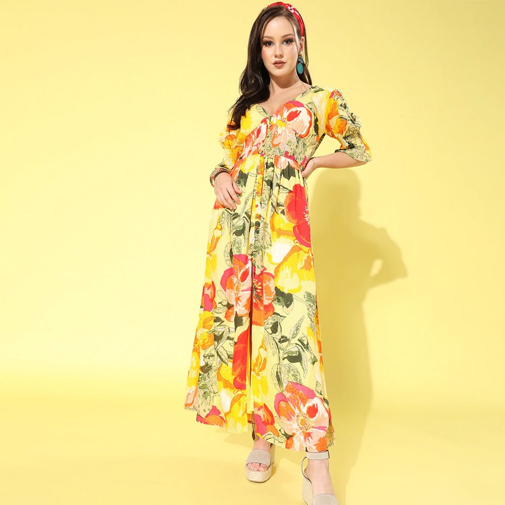 Women Bright Yellow Floral Waisted Dress