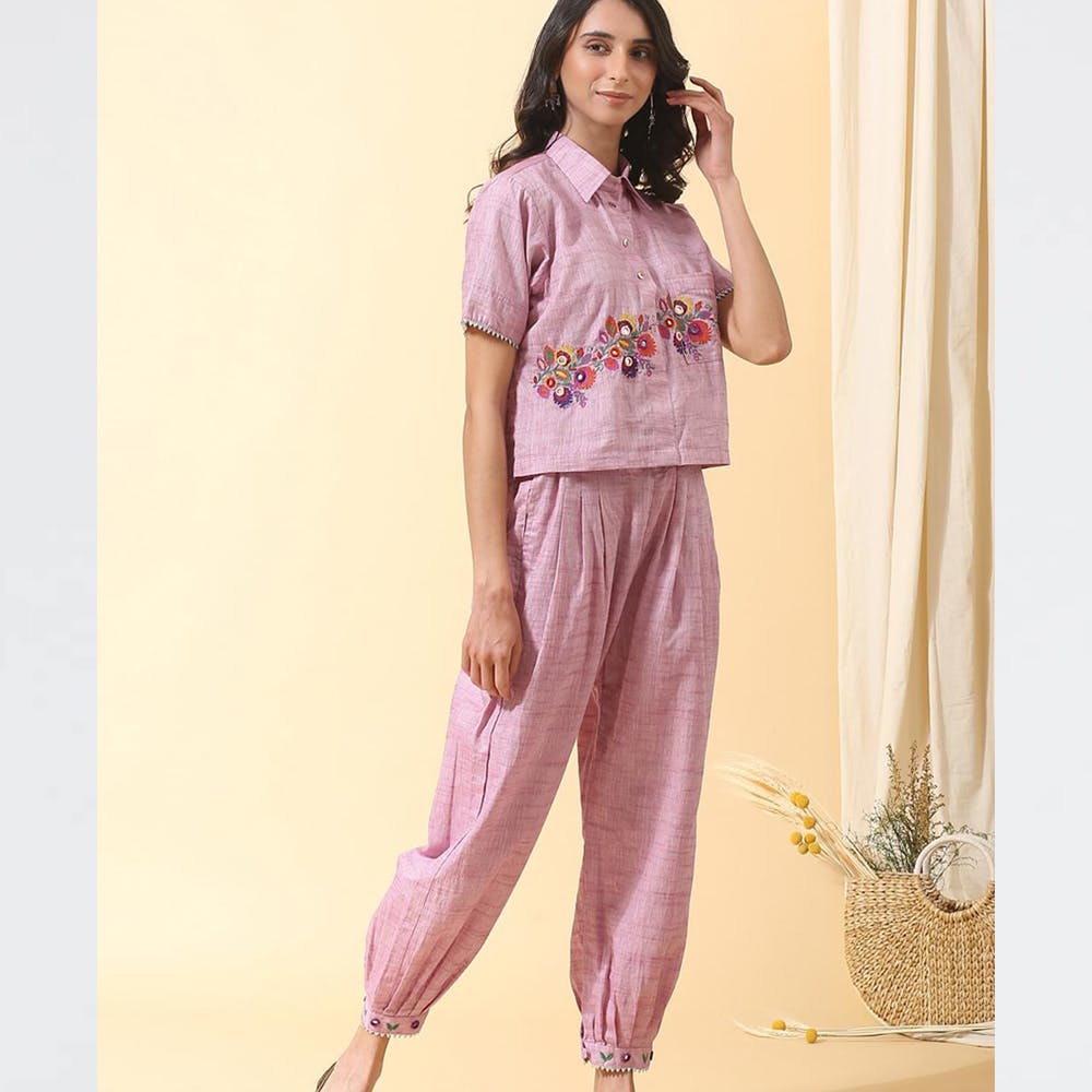 Women Floral Embroidered Pink Crop Top With Cuffed Pants Set