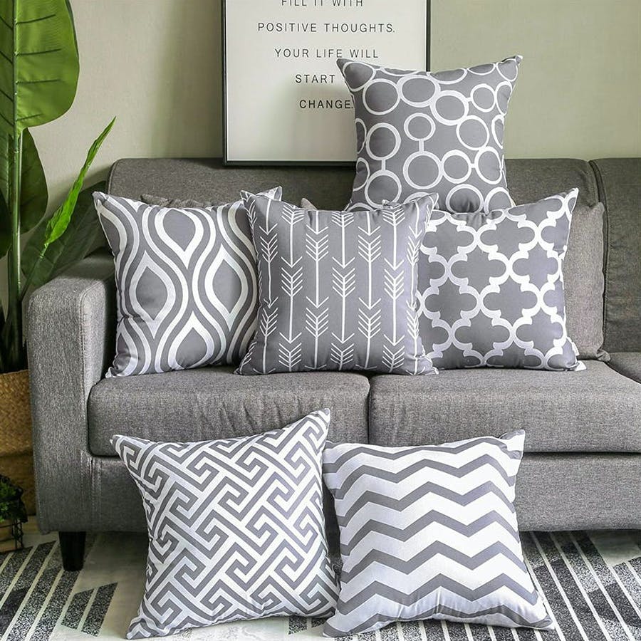 Grey Geometric Printed Velvet Cushion Cover Set of 6